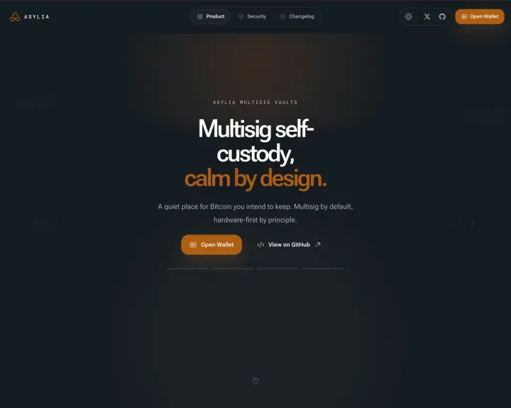 Úvodní obrazovka webu Asylia s titulkem Multisig self-custody, calm by design