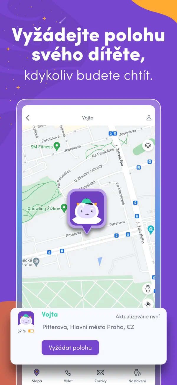 FindeeKids — obrazovka s mapou a polohou dítěte, tlačítko Vyžádat polohu