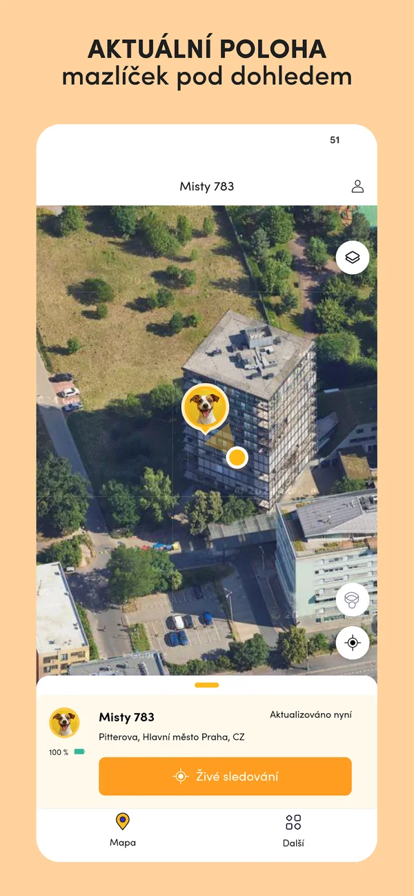Findee Pets — aktuální poloha mazlíčka na satelitní mapě