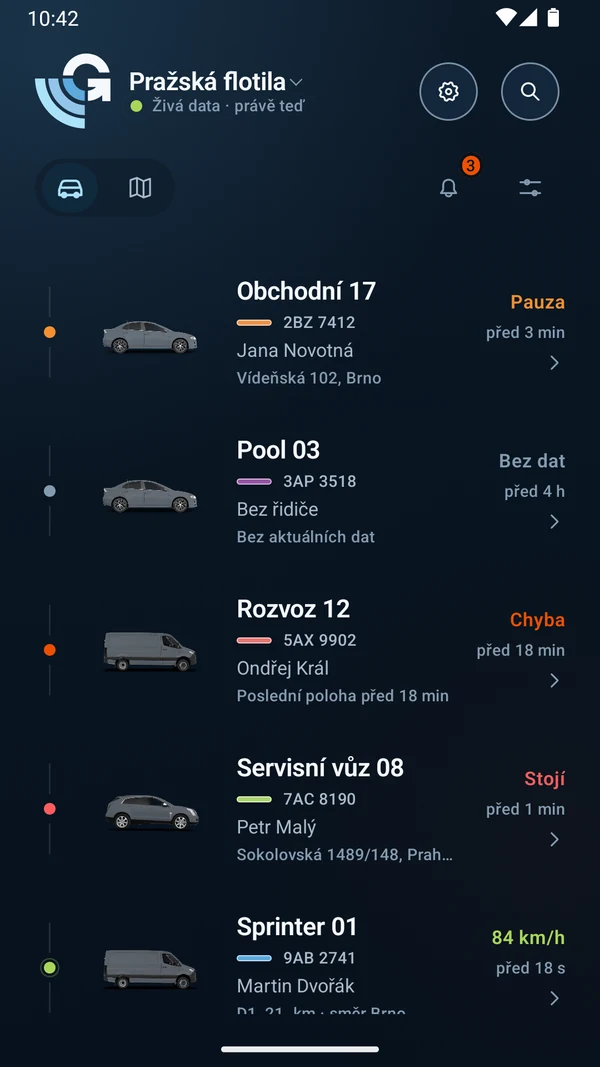 GPS Dozor 4.0 — demo flotila na Androidu s provozními stavy v tmavém režimu