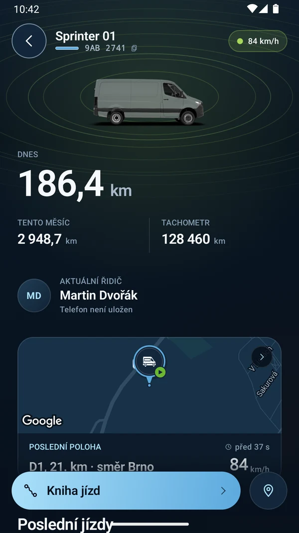 GPS Dozor 4.0 — detail demo vozidla na Androidu s rychlostí, nájezdem a poslední polohou