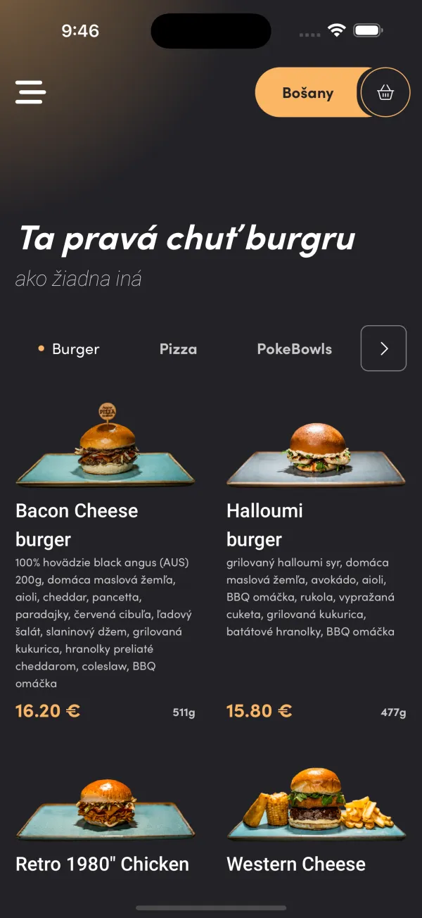 Hajcer — nabídka burgerů s cenami a kategoriemi