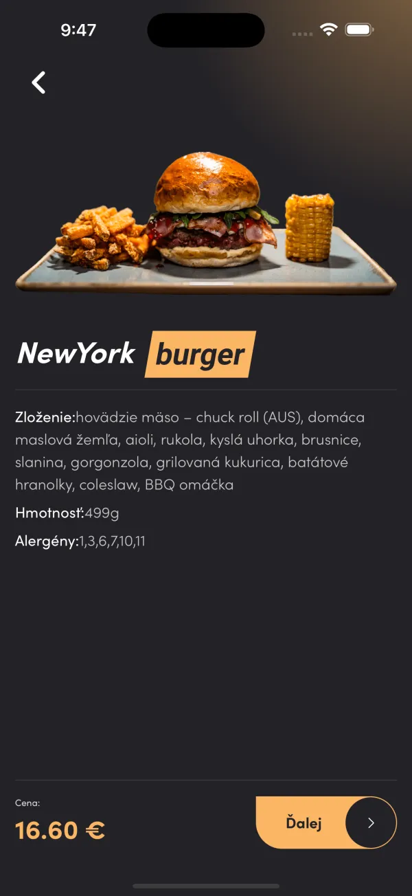 Hajcer — burger details with ingredients, allergens and price