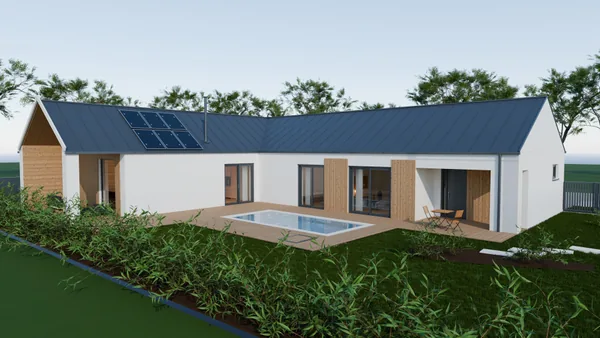 Visualisation rendered from the 3D model: a view from the garden of two connected wings and a terrace